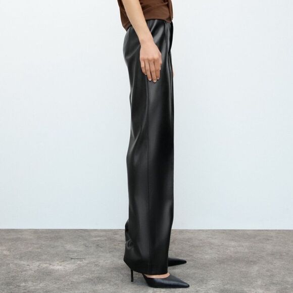 Zara Francoise Trouser Pants Black Faux Leather Straight Leg Full Length - Picture 5 of 8